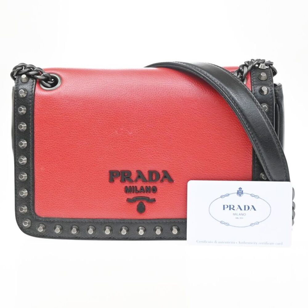 Prada Chain Flap Bag Studded Glace Calf Red Leather Shoulder Bag Bag